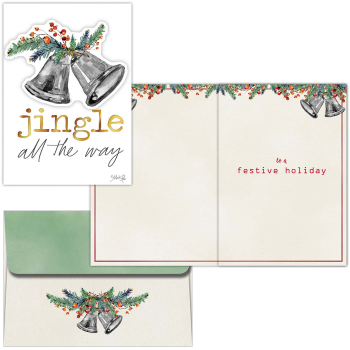 Christmas card set with bells and floral design, featuring 'jingle all the way' text.