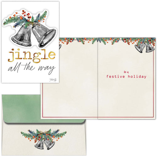 Christmas card set with bells and floral design, featuring 'jingle all the way' text.