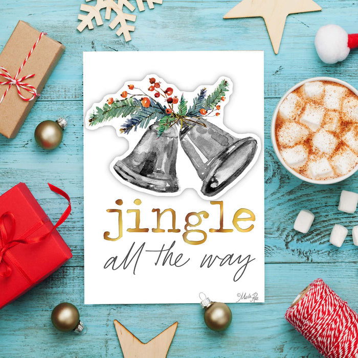 Christmas-themed card with bells and 'jingle all the way' text on a festive background with presents and hot chocolate.