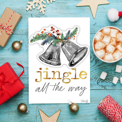 Christmas-themed card with bells and 'jingle all the way' text on a festive background with presents and hot chocolate.