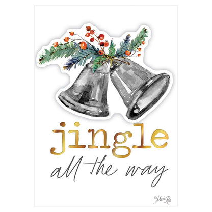 Decorative sticker with two bells and 'jingle all the way' text on a white background