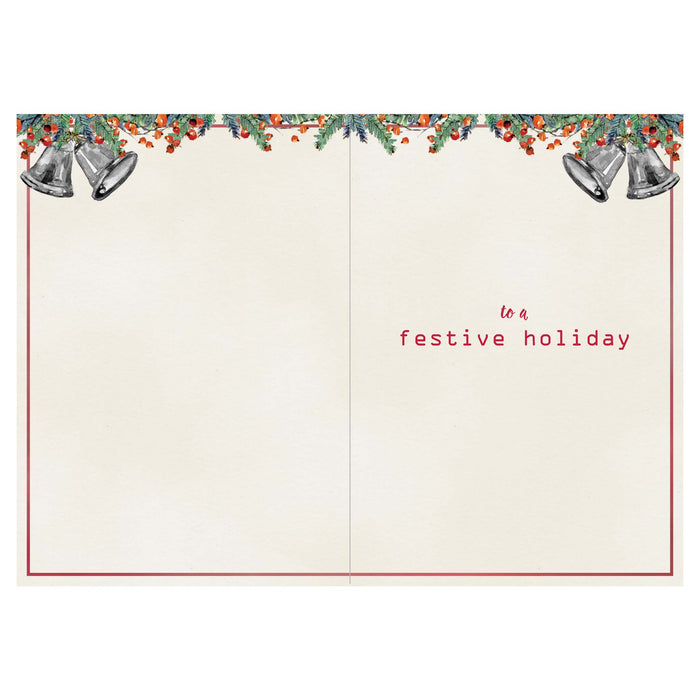 Open holiday card with decorative border, bells, and text on a white background