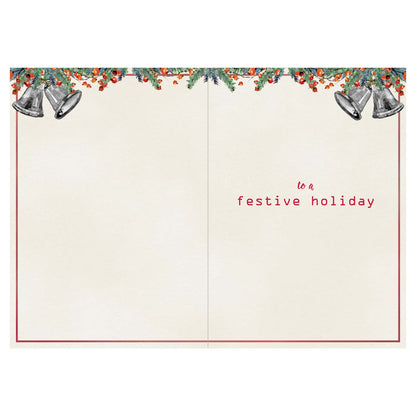 Open holiday card with decorative border, bells, and text on a white background