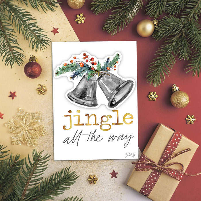 Christmas-themed card with bells and 'jingle all the way' text, surrounded by festive decorations.