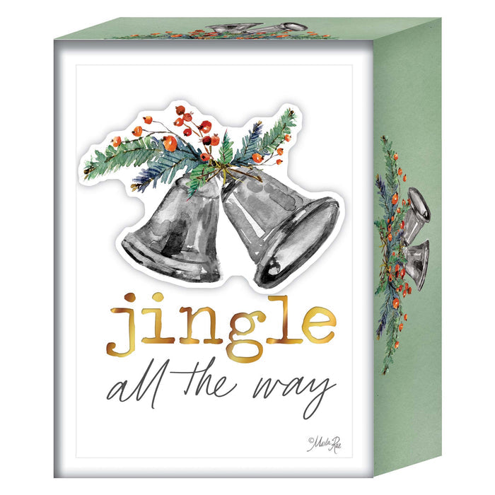 Decorative box with Christmas bells and 'jingle all the way' text on a white background