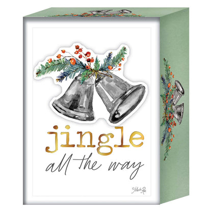Decorative box with Christmas bells and 'jingle all the way' text on a white background