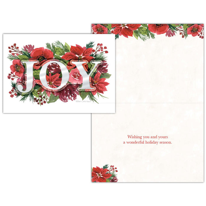 Holiday card with floral design and 'JOY' text on a white background