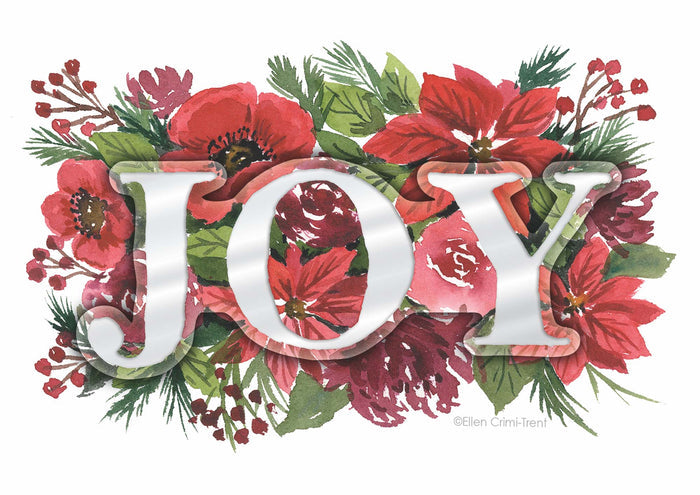 Decorative sign with 'JOY' surrounded by red flowers and greenery on a white background