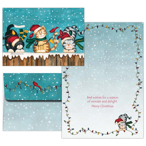 Set of Christmas cards with cartoon animals and festive designs.