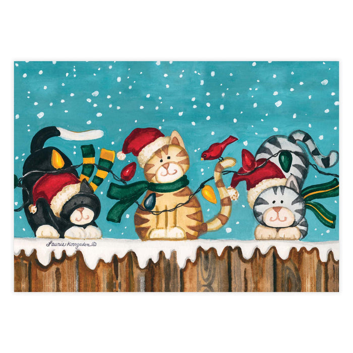 Illustration of cats wearing Christmas hats and lights on a snowy background
