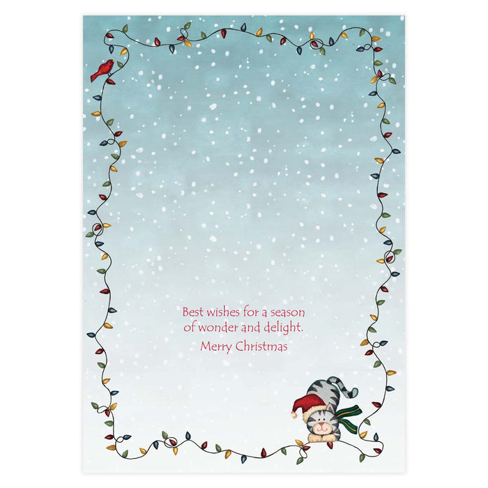 Christmas card with colorful lights and a gnome on a blue snowy background