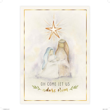 Festive card with a nativity scene and 'Oh come let us adore Him' text.