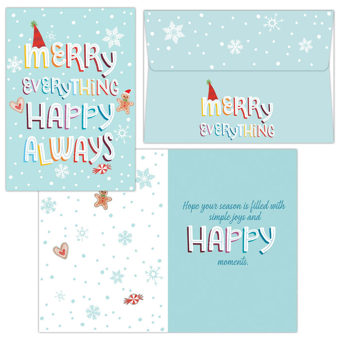 Set of Christmas cards with festive designs and text on a light blue background.