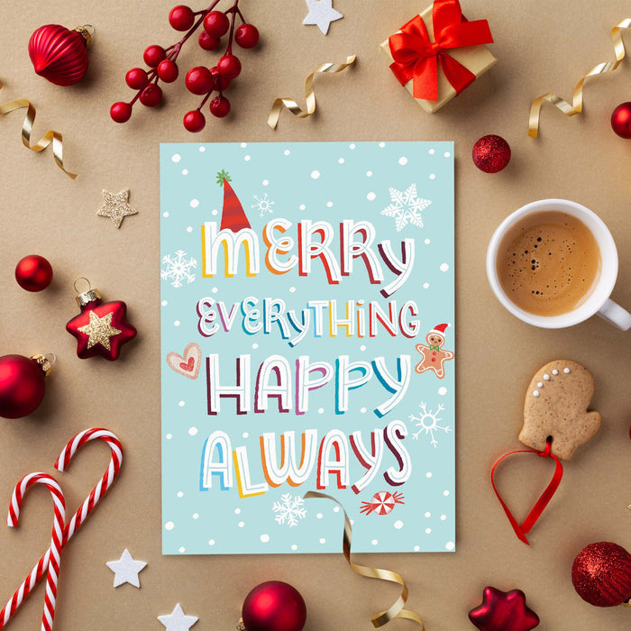 Christmas-themed card with colorful text surrounded by festive decorations on a brown background