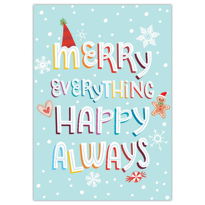 Colorful Christmas-themed poster with 'Merry Everything Happy Always' text on a light blue background.