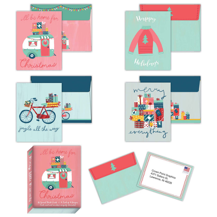 Collection of Christmas-themed greeting cards and envelopes on a white background