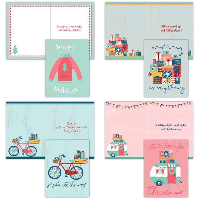 Set of Christmas-themed greeting cards with various designs on a white background.