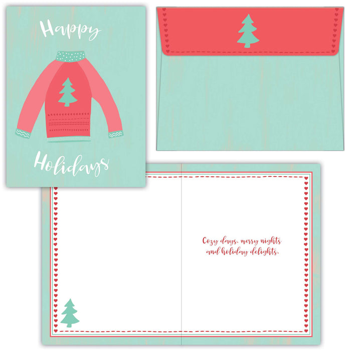 Set of holiday cards with a pink sweater illustration and Christmas tree design.