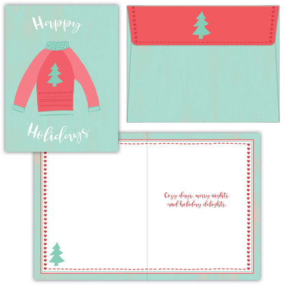 Set of holiday cards with a pink sweater illustration and Christmas tree design.