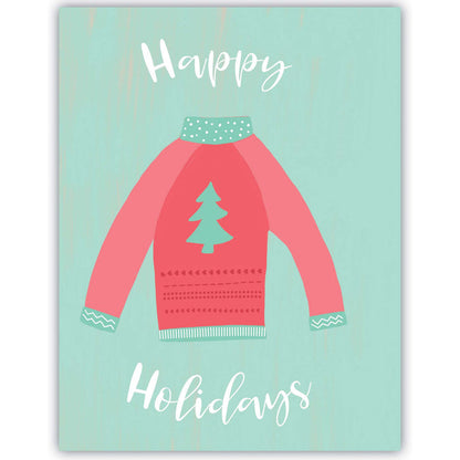 Card with a red sweater illustration and 'Happy Holidays' text on a light blue background