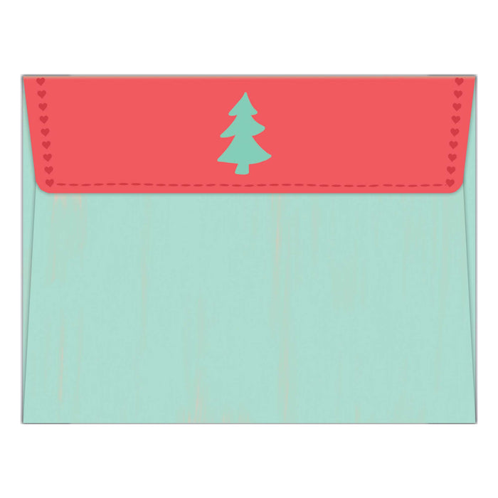 Colorful envelope with a red flap and green tree design on a white background