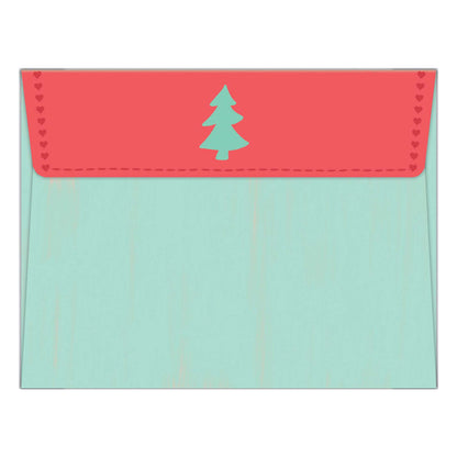 Colorful envelope with a red flap and green tree design on a white background