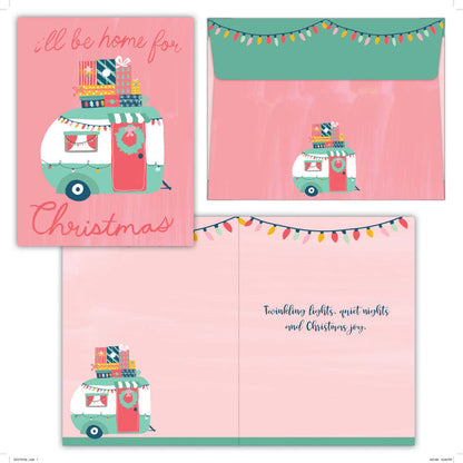 Christmas card with camper illustration and festive text on pink background
