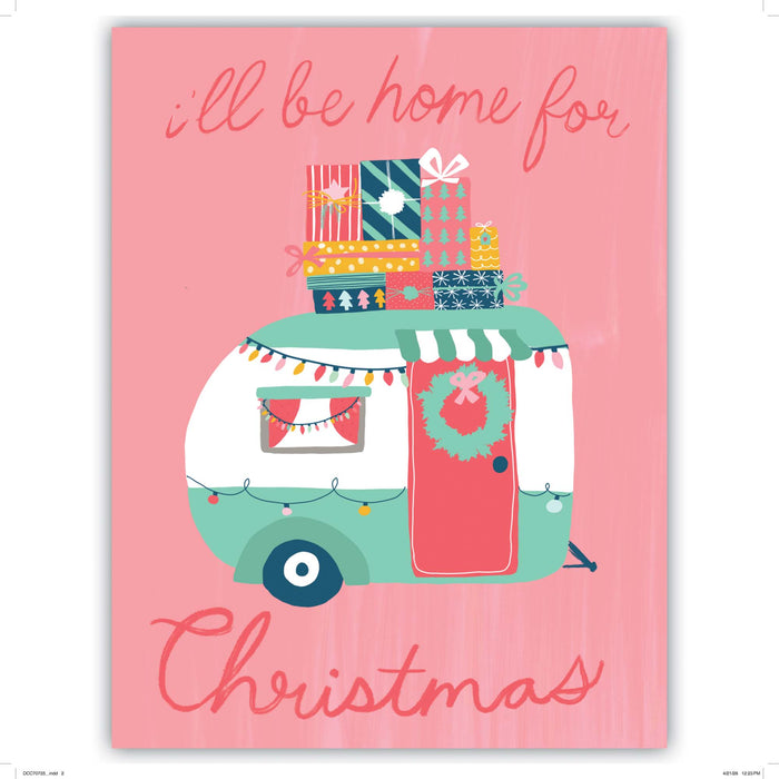 Illustration of a camper with Christmas decorations on a pink background with text 'I'll be home for Christmas'.