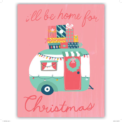Illustration of a camper with Christmas decorations on a pink background with text 'I'll be home for Christmas'.