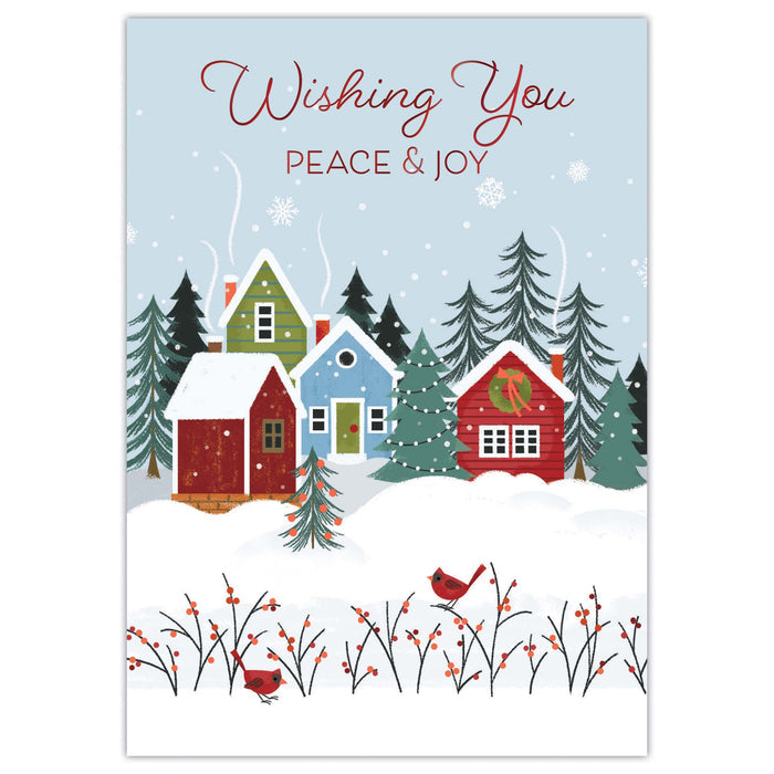 Christmas card with colorful houses, trees, and birds on a blue background.