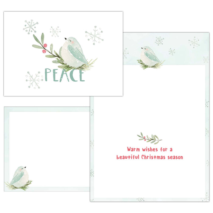 Set of Christmas cards with birds and 'Peace' text on a white background