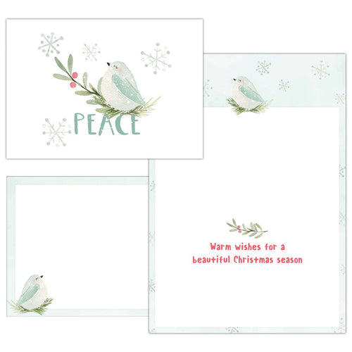 Set of Christmas cards with birds and 'Peace' text on a white background