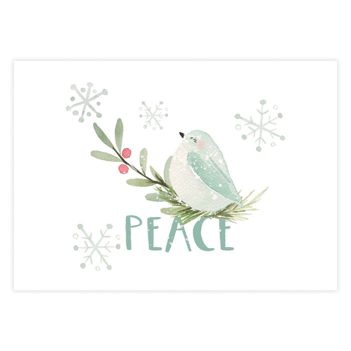 Christmas-themed card with a bird, foliage, and snowflakes on a white background