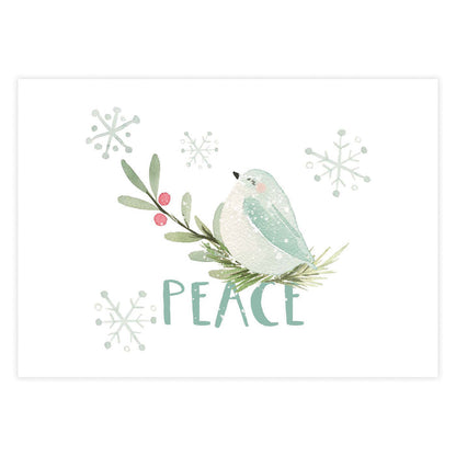 Christmas-themed card with a bird, foliage, and snowflakes on a white background