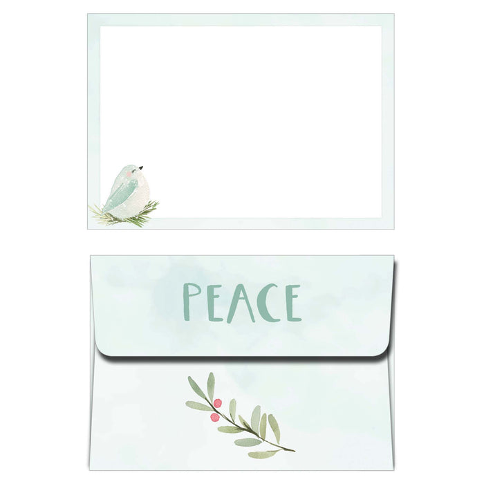 Greeting card with a bird illustration and 'PEACE' text on a matching envelope.