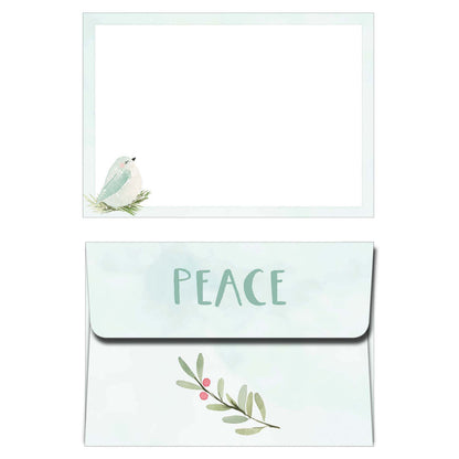 Greeting card with a bird illustration and 'PEACE' text on a matching envelope.