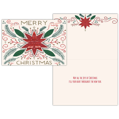 Christmas card with red poinsettia and green leaves on a white background