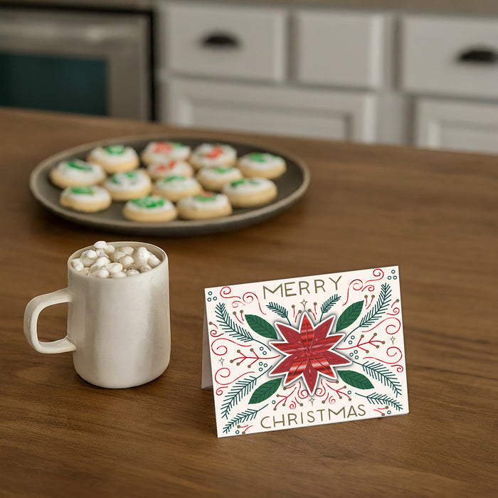 CHRISTMAS Tree Farm Pointsetta Christmas Card on table