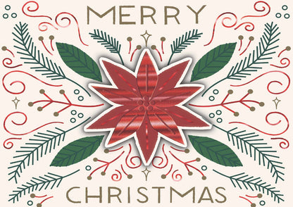 Decorative Christmas card with a red poinsettia and green leaves on a white background.
