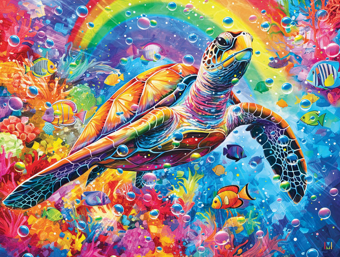 Colorful underwater scene with a turtle and various fish, featuring a rainbow.