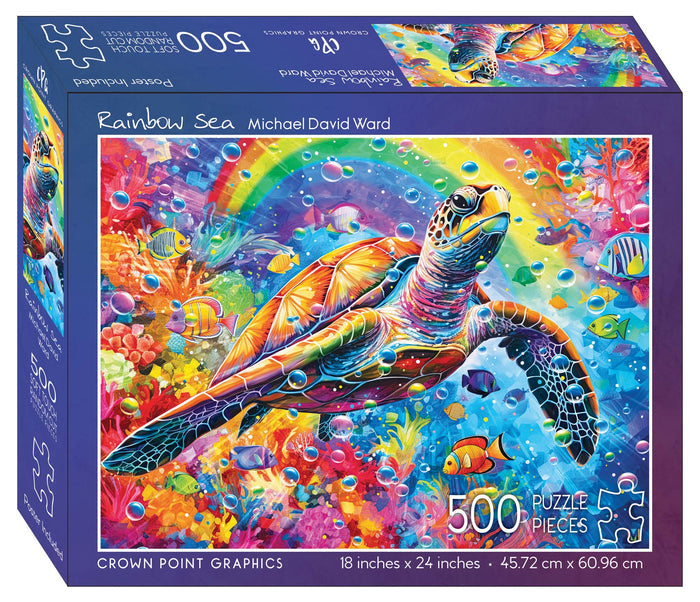 A colorful 500-piece jigsaw puzzle depicting a vibrant underwater scene with a sea turtle, coral, and fish, and a bonus poster for reference.