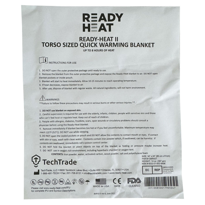 Ready-Heat II Torso Hypothermia Blanket, back of packaging