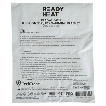 Ready-Heat II Torso Hypothermia Blanket, back of packaging