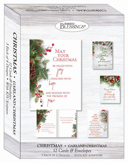 Religious Christmas Cards by Shared Blessings - Garland Christmas - 12 Assorted Cards with KJV Scripture