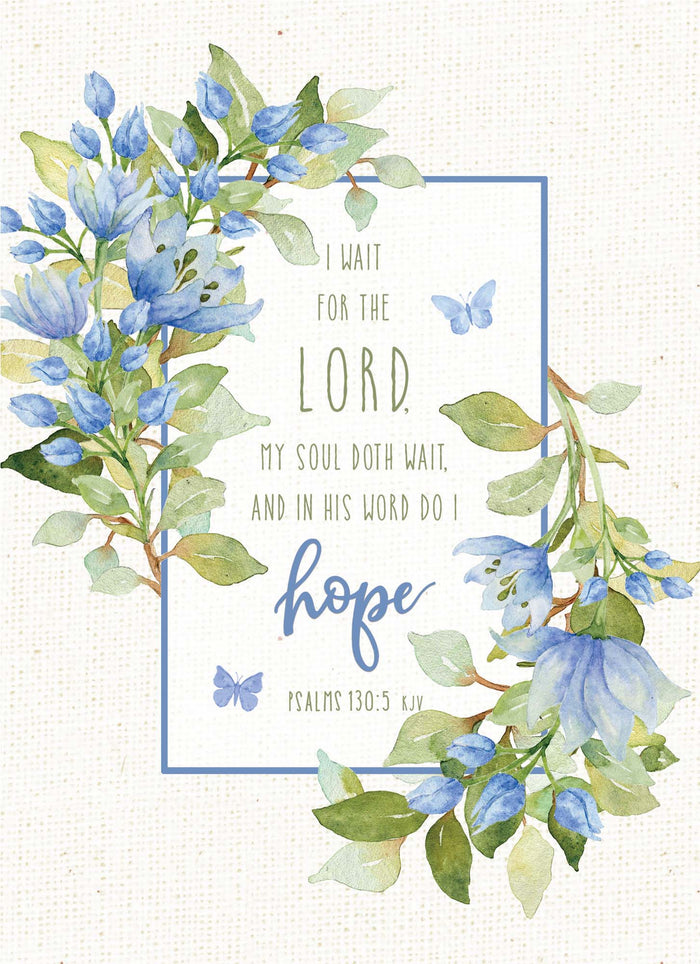 Floral design with blue flowers and green leaves, featuring a biblical quote.