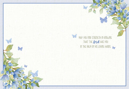 Floral design with blue flowers and butterflies on a white background