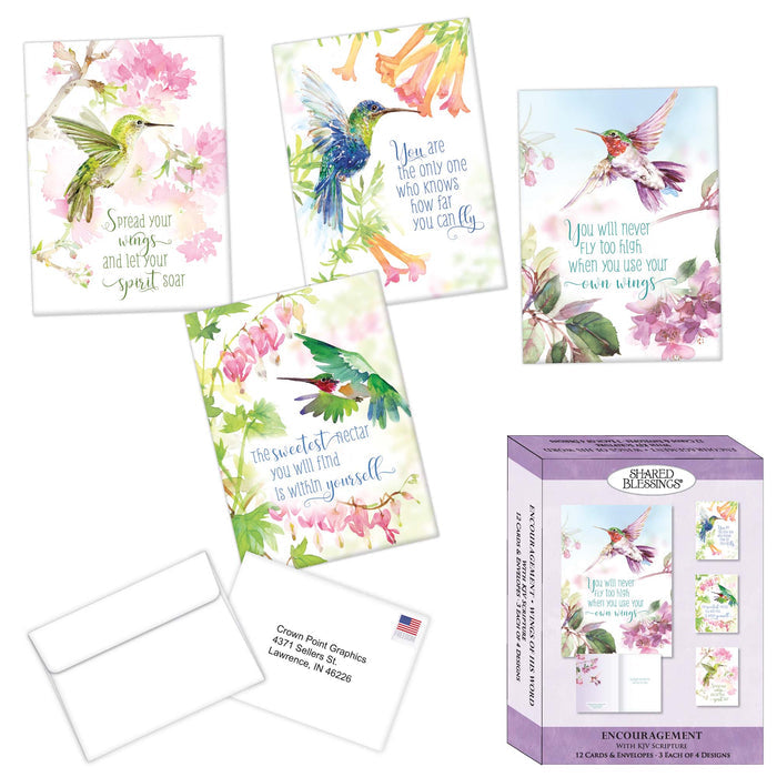 Set of greeting cards with hummingbird designs and motivational quotes, including a box packaging.