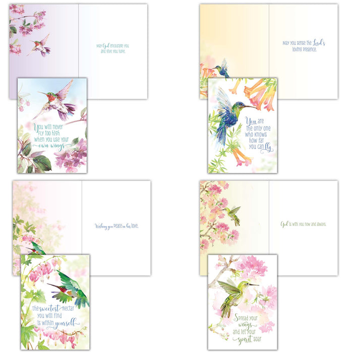 Set of greeting cards with floral and hummingbird designs on a white background
