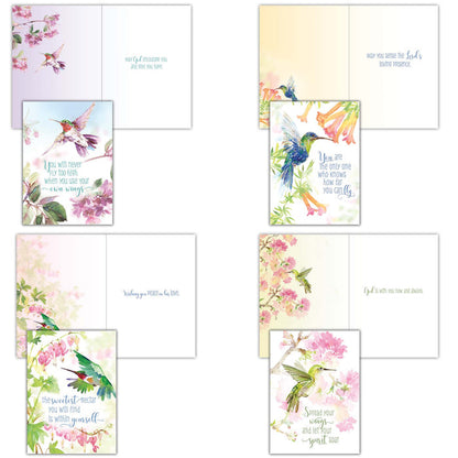 Set of greeting cards with floral and hummingbird designs on a white background