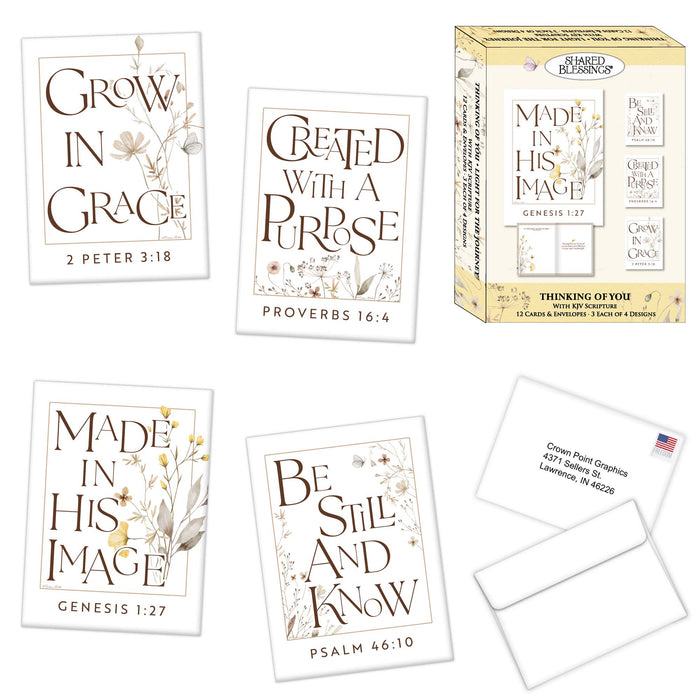 Set of inspirational cards with religious quotes and a box packaging on a white background